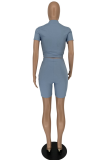 Light Blue Casual Solid Draw String Half A Turtleneck Short Sleeve Two Pieces