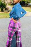 Green Fashion Casual Plaid Print Basic Regular High Waist Trousers