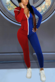 Red Blue Casual Solid Patchwork Hooded Collar Skinny Jumpsuits