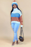 Red knitting Turtleneck Long Sleeve Patchwork Striped Solid 