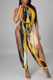 Yellow Fashion Sexy Print Tie Dye Slit O Neck Regular Jumpsuits