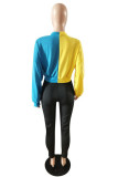 Yellow and blue Street Patchwork Patchwork O Neck Long Sleeve Regular Sleeve Two Pieces