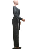 Silver Fashion Casual Polyester Solid Split Joint V Neck Straight Jumpsuits