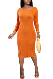 Red Polyester Fashion Sexy adult Ma'am Cap Sleeve Long Sleeves O neck Step Skirt Mid-Calf Solid backless Dresses