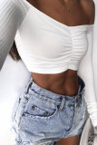White Red Black Blue Pink Orange One word collar Long Sleeve Solid Tops