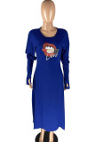 Blue Lightly cooked Long Sleeves O neck Lantern skirt Floor-Length Print Dresses