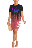 Pink Polyester Fashion Street Print Two Piece Suits Straight Short Sleeve Two Pieces