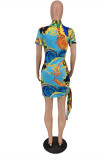 Green Fashion Casual Print Basic Zipper Collar Short Sleeve Dress