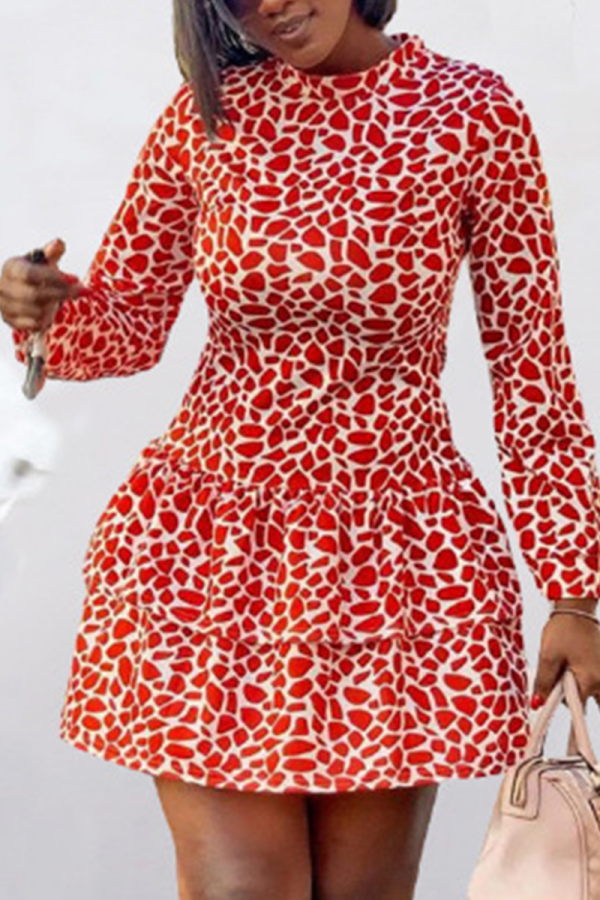Red White Sexy Print Patchwork Half A Turtleneck A Line Dresses