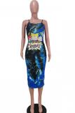 Blue Polyester Fashion Sexy adult Red Blue Green Pink Yellow Spaghetti Strap Sleeveless Square A-Line Mid-Calf Print Patchwork Character Tie and dye Dresses