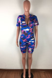 Blue Casual Print Zippered Split Joint Short Sleeve Two Pieces