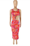 Pink Fashion Sexy Print Hollowed Out O Neck Sleeveless Dress
