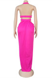 Rose Red Fashion Sexy Solid Hollowed Out Backless Slit Halter Sleeveless Dress