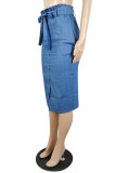 Baby Blue Fashion Casual Solid Slit Regular High Waist Skirt