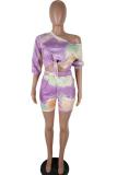 purple Polyester Casual Fashion Two Piece Suits asymmetrical Tie Dye crop top Regular