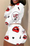 White Sweet Lips Print Straight Long Sleeve Two Pieces