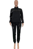 Black Polyester Sexy Solid Sequin Patchwork Two Piece Suits asymmetrical pencil Long Sleeve