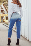 Blue Fashion Casual Gradual Change Ripped High Waist Straight Jeans