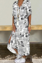 Black White Casual Print Split Joint Turndown Collar Dresses