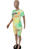 Green and yellow Fashion adult England Ma'am Print Tie Dye Two Piece Suits pencil Short Sleeve Two Pieces