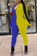 Blue Yellow Fashion Casual Solid Patchwork Zipper Collar Regular Jumpsuits