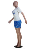 Blue Fashion Casual Print Basic O Neck Short Sleeve Two Pieces