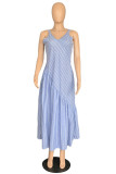 Blue Sexy Casual Striped Print Backless V Neck Sling Dress