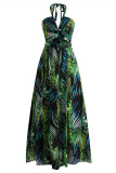 Green Fashion Sexy Print Hollowed Out Backless Halter Sleeveless Dress