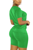 Fluorescent green Fashion Sexy adult Ma'am Patchwork Solid Two Piece Suits pencil Short Sleeve Two Pieces