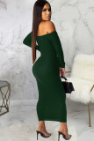 Black Polyester Sexy Off The Shoulder Long Sleeves One word collar Swagger Ankle-Length Solid Patchwork L