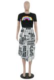 White Polyester Fashion Sexy Newspaper Two Piece Suits Rainbow Solid Regular Short Sleeve