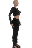 Black Sexy Solid Draped pencil Long Sleeve Two Pieces
