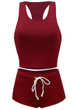 Wine Red Active Casual Patchwork Solid contrast color Skinny Sleeveless Two Pieces