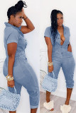 Light Blue Fashion Sexy Patchwork Button Solid zipper The cowboy Short Sleeve Turndown Collar Jumpsuits