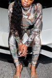 Multicolor Fashion Sexy Print See-through O Neck Long Sleeve Two Pieces