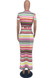 Rainbow Color Fashion Striped Print Patchwork Slit With Belt O Neck Dresses