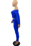 Blue Fashion Casual Solid Backless Off the Shoulder Long Sleeve Two Pieces