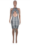 White Fashion Sexy Print Hollowed Out Backless Strap Design Sleeveless Dress