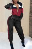 Red Elastic Fly Long Sleeve Mid Patchwork Print pencil Pants