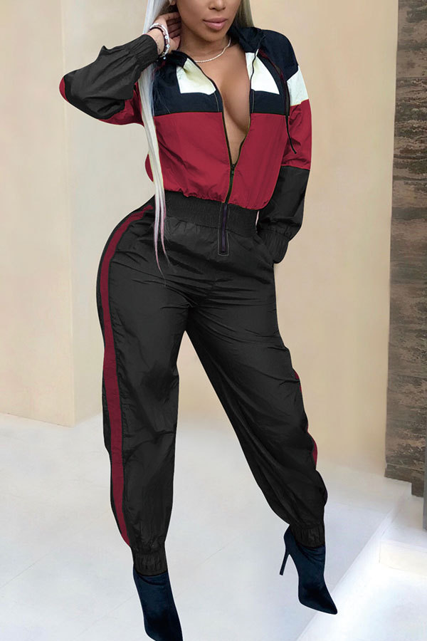 Red Elastic Fly Long Sleeve Mid Patchwork Print pencil Pants