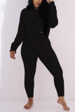 Black Casual Living Solid Basic O Neck Long Sleeve Two Pieces