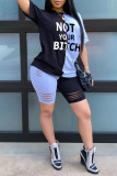 Pink Fashion Casual Letter Print Ripped Patchwork O Neck Short Sleeve Two Pieces