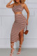 Brown Sexy Casual Striped Print Backless Slit Spaghetti Strap Sleeveless Two Pieces