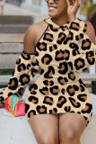 Brown Sexy Leopard Cold Shoulder Pencil Skirt Dresses