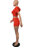 Red Casual Split Joint Hooded Collar Short Sleeve Two Pieces