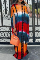 Orange Fashion Casual Tie Dye Printing Oblique Collar Short Sleeve Dress