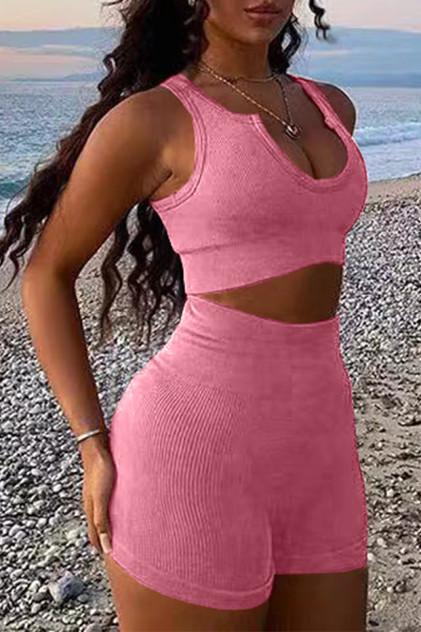 Rose Red Sexy Solid Patchwork V Neck Sleeveless Two Pieces