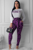 purple Polyester Casual Letter Two Piece Suits Print pencil Long Sleeve Two-piece Pants Set