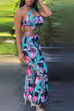 multicolor Milk Silk Casual Floral Print Straight Sleeveless Two Pieces