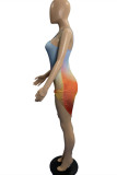 Gradient Color Sexy Gradual Change Print Backless Asymmetrical Spaghetti Strap Sleeveless Dress